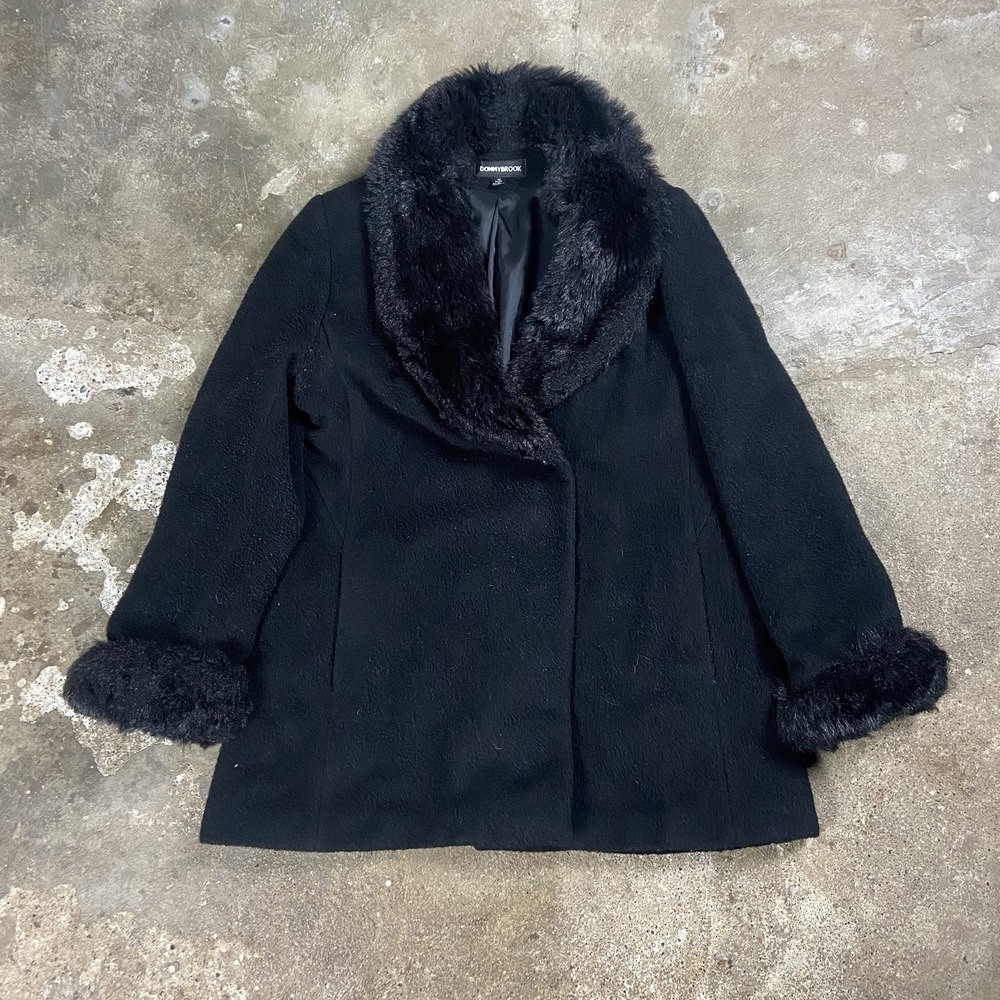 Vintage 90s Donnybrook Wool Coat Women's Size 14 Black Faux Fur Shawl